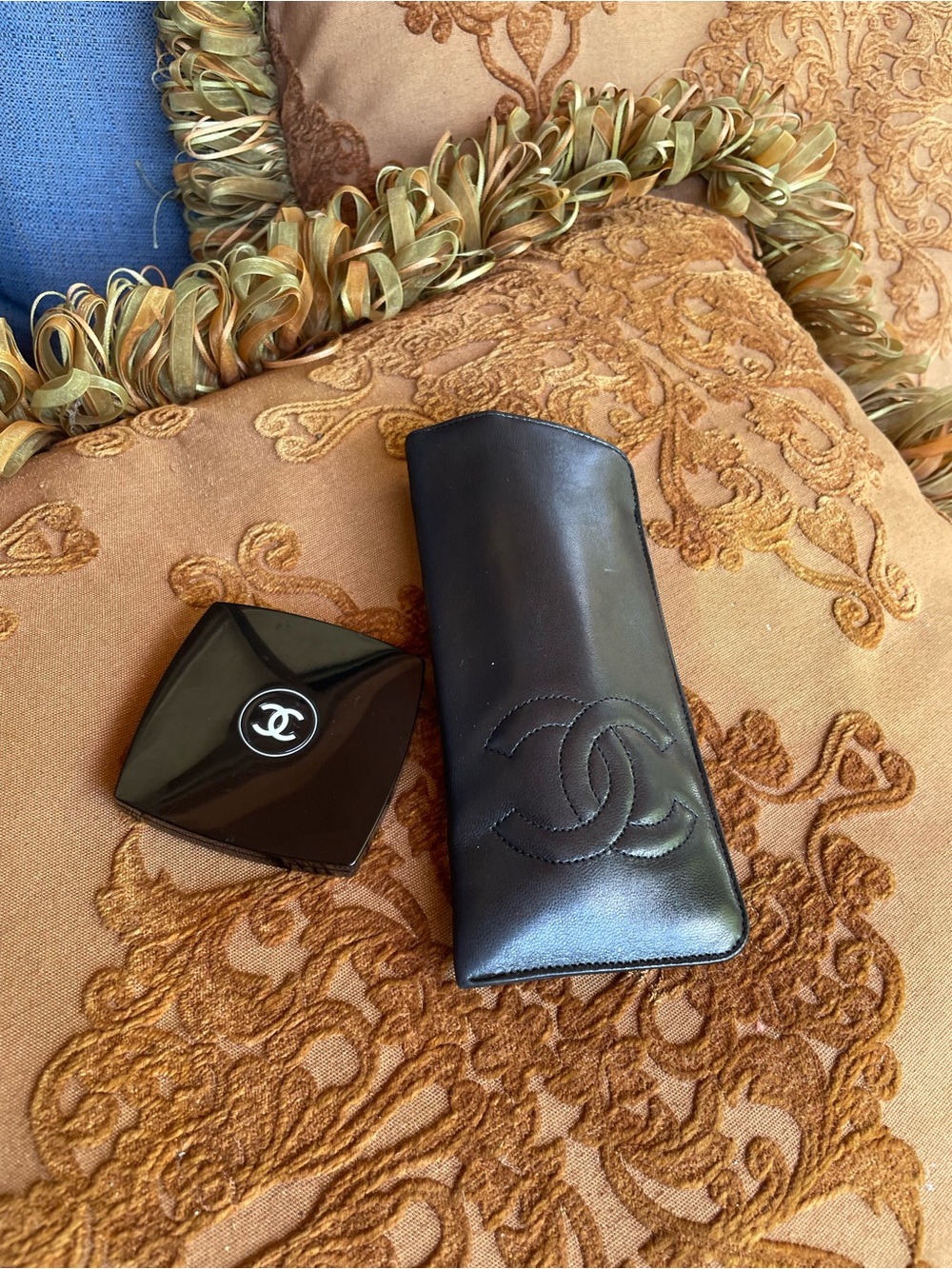 Chanel Black Leather Sunglasses Case with Logo, and Chanel mirror
